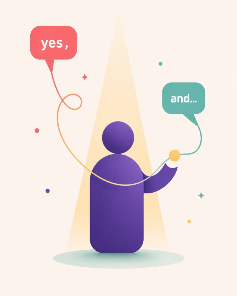 Illustration of a person in a spotlight with yes, and speech bubbles